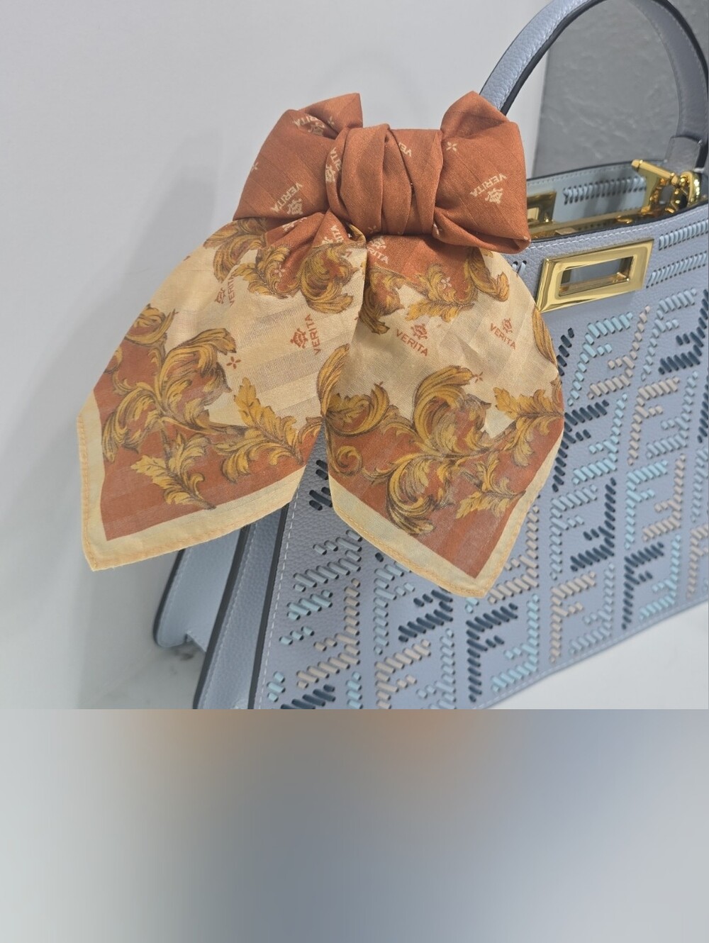 Veritas Brown & Cream Printed Scarf Bow Bag Accent